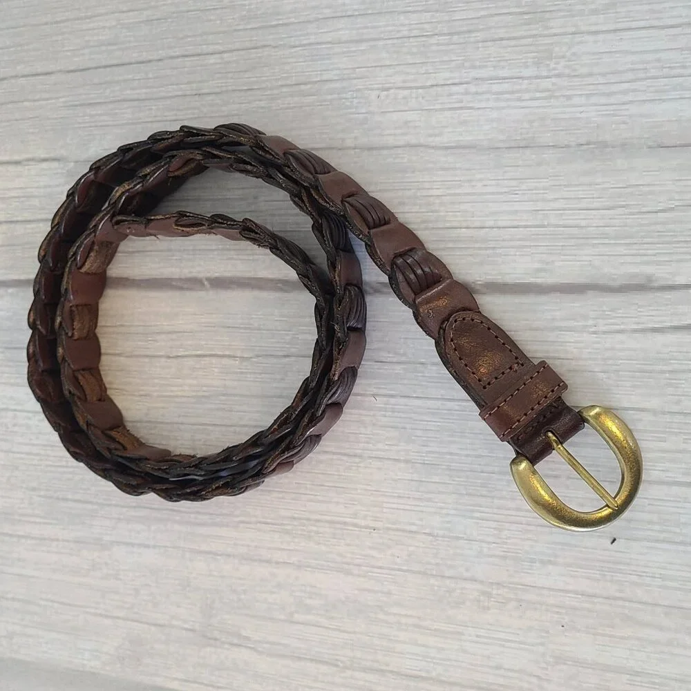 Vintage Chain Braid Leather Belt Solid Brass Buckle Mens XL